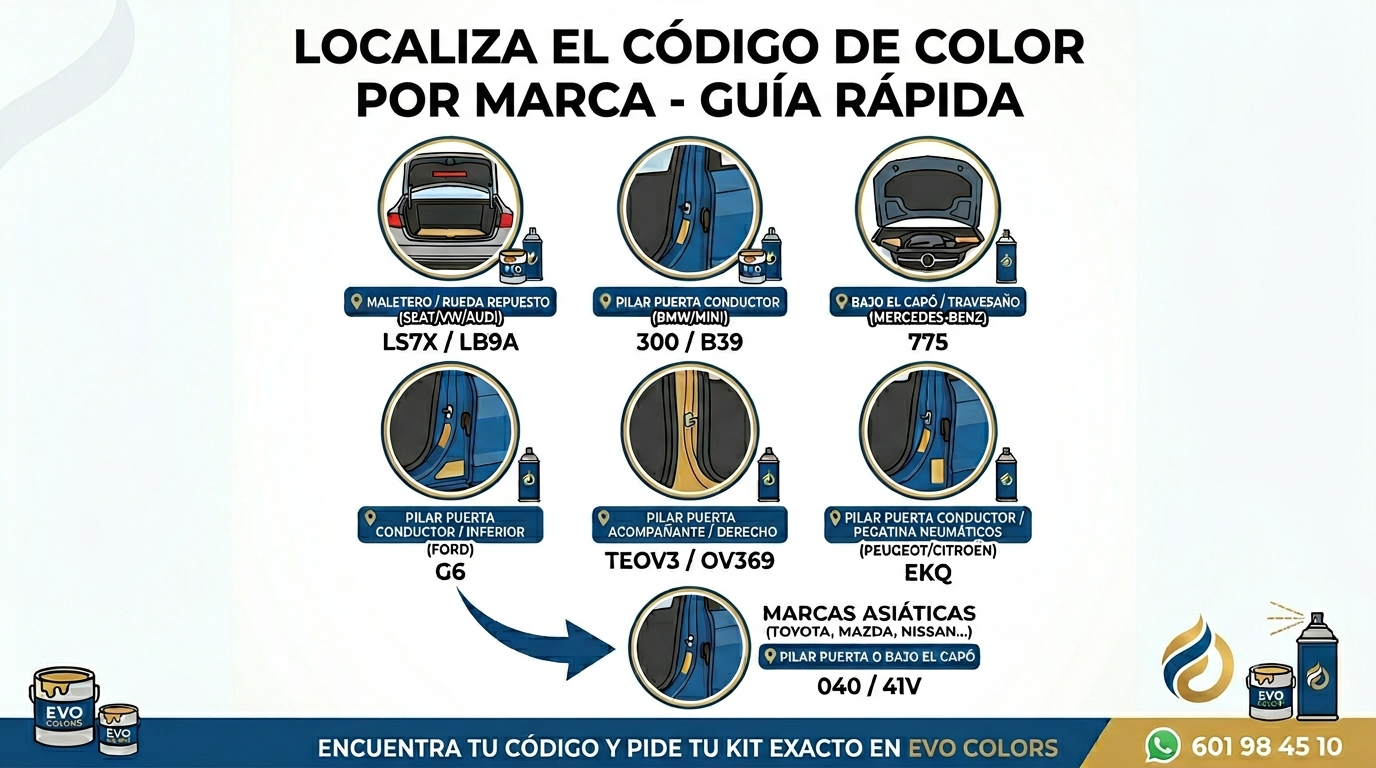 donde está el codigo de color de la pintura de coche segun la marca por evo colors