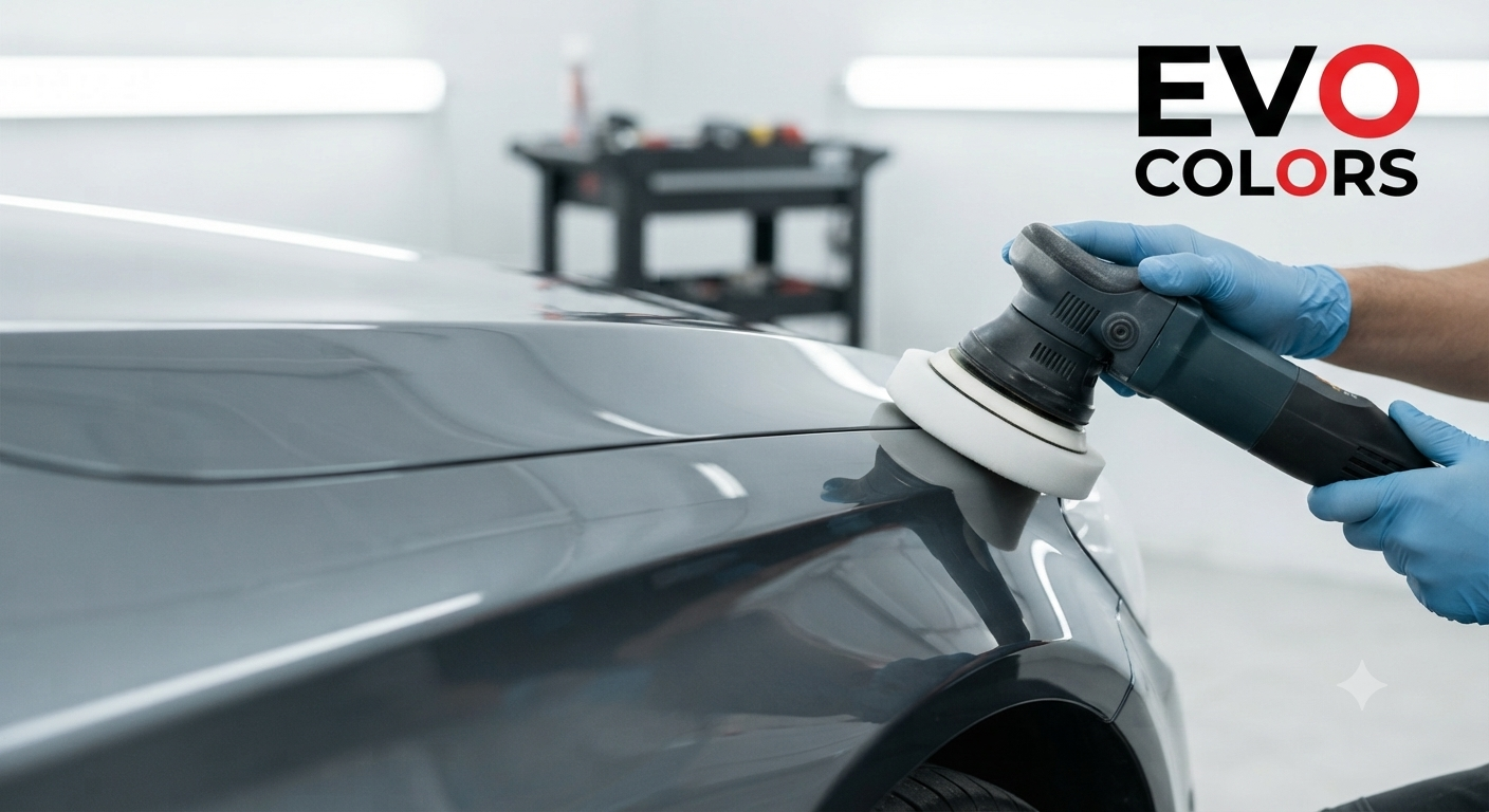 Coche siendo pulido con los productos que vende EVO COLORS que son expertos en pinturas y especialistas en pintura para coche y moto