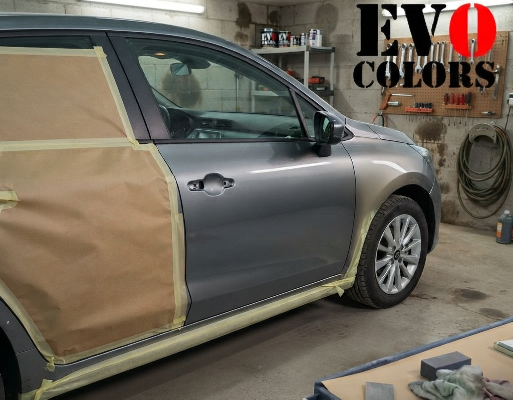 coche recien pintado y difumniado en el garage de casa con productos de EVO COLORS