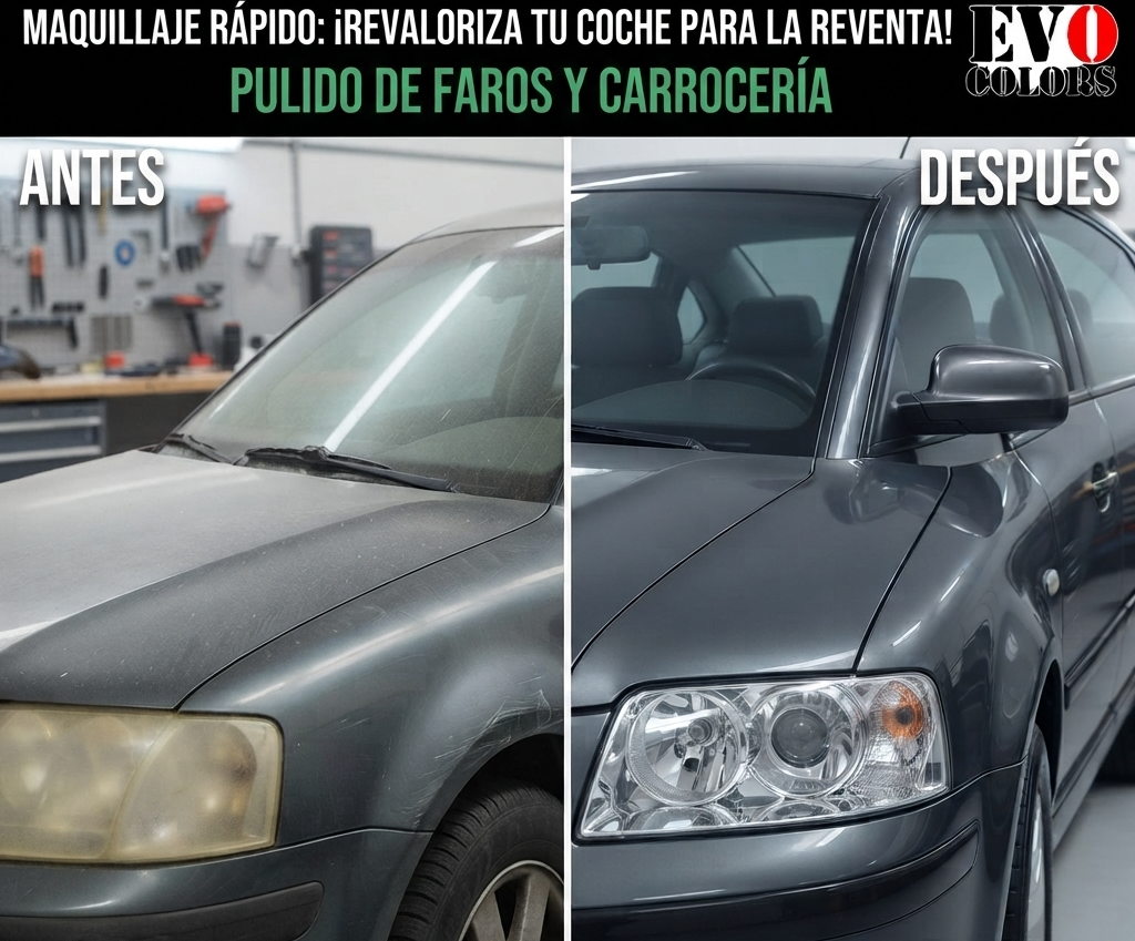 coche con los faros pulidos y con la pintura de la carroceria retocada a pincel y pulida con las pinturas, lijas y pulimentos de EVO COLORS