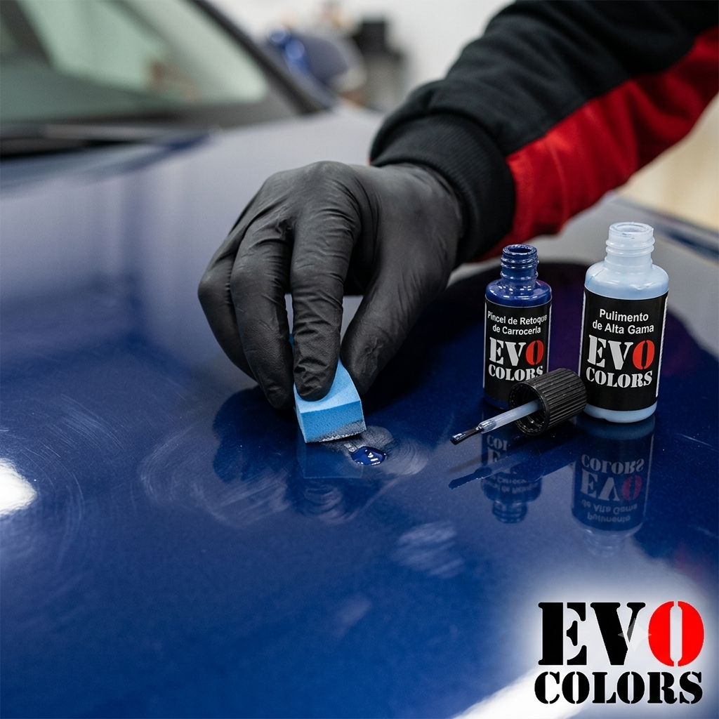 Una persona puliendo un picotazo o microarañazo en el coche que ha retocado con pintura de pincel de retoque de EVO COLORS