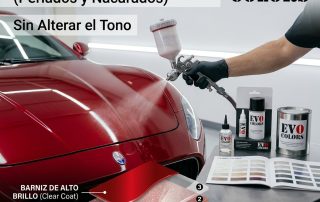 Esquema explicativo de las 3 capas de la pintura tricapa (base de fondo, efecto perlado y barniz de alto brillo) junto a productos de retoque EVO Colors.