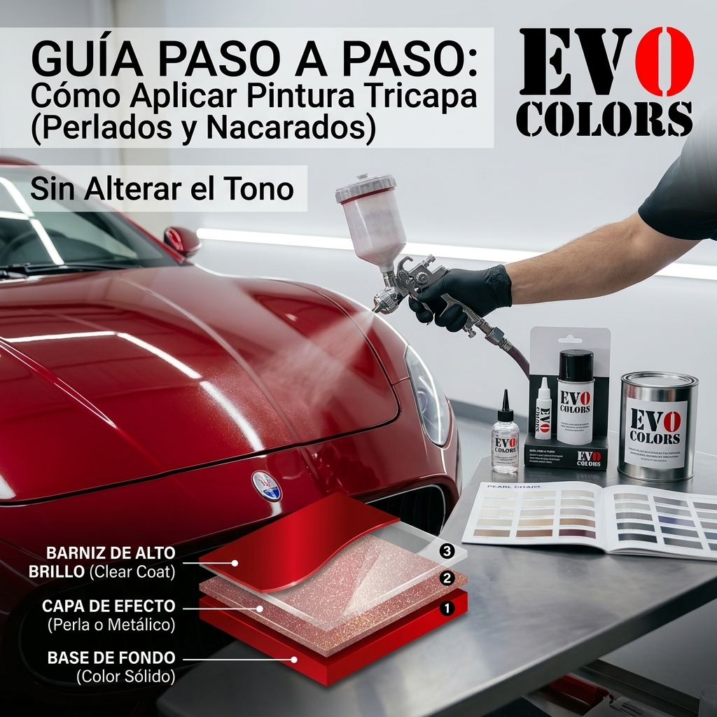 Esquema explicativo de las 3 capas de la pintura tricapa (base de fondo, efecto perlado y barniz de alto brillo) junto a productos de retoque EVO Colors.