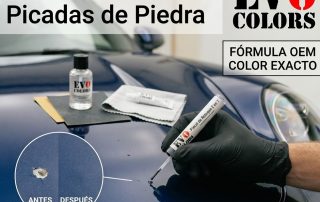 Reparación paso a paso de picadas de piedra en la pintura del coche usando pincel de retoque EVO Colors con resultado antes y después.
