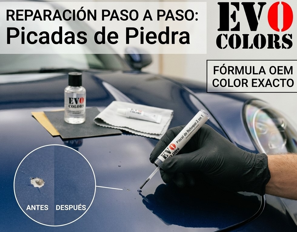 Cómo Reparar Picadas de Piedra en Coche – EVO Colors Reparación paso a paso de picadas de piedra en la pintura del coche usando pincel de retoque EVO Colors con resultado antes y después.